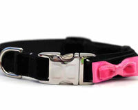 Bowtie Pink Velvet Dog Collar with Silver Metal Buckles
