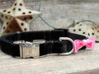 Bowtie Pink Velvet Dog Collar with Silver Metal Buckles
