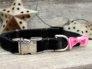 Bowtie Pink Velvet Dog Collar with Silver Metal Buckles