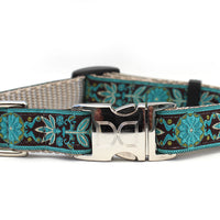 Boho Peacock Dog Collar with Silver Metal Buckles