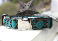 Boho Peacock Dog Collar with Silver Metal Buckles
