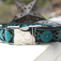 Boho Peacock Dog Collar with Silver Metal Buckles