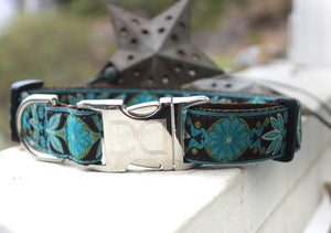 Boho Peacock Dog Collar with Silver Metal Buckles