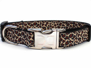 Leaping Leopard Dog Collar with Silver Metal Buckles