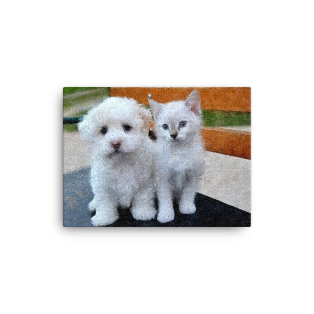 Maltese Puppy and White Kitten Canvas Art