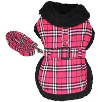 Sherpa-Lined Dog Harness Coat - Hot Pink & Black Plaid
