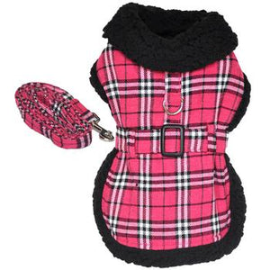 Sherpa-Lined Dog Harness Coat - Hot Pink & Black Plaid