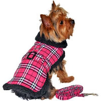 Sherpa-Lined Dog Harness Coat - Hot Pink & Black Plaid
