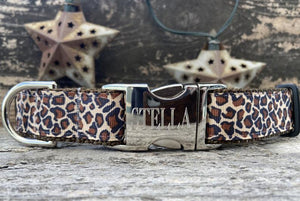 Leaping Leopard Dog Collar with Silver Metal Buckles